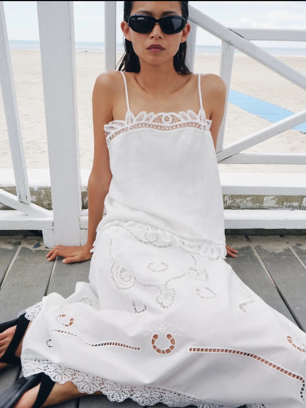 White Lace-Trim Asymmetric Midi Skirt